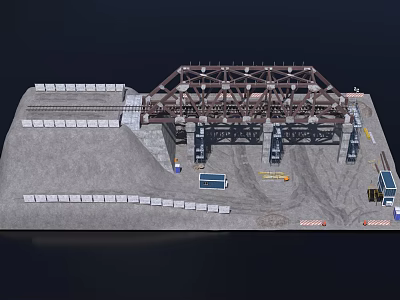 Truss Bridge Model with Metal Truss Structure Railway Track and Construction Site Elements 3d model