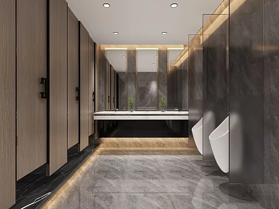Modern Public Restroom Interior With Stalls Washbasins Mirrors And Marble Finishes 3d model