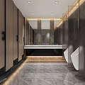 Modern Public Restroom Interior With Stalls Washbasins Mirrors And Marble Finishes