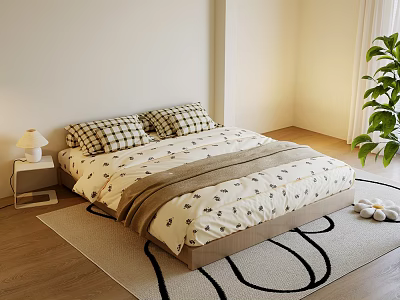 Cozy Double Bed with Plaid Pillows Patterned Bedspread Nightstand Lamp Rug and Green Plant 3d model