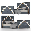 Double Bed With Blue Patterned Headboard And Cozy Pillows In Modern Style 3d model