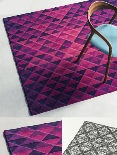 Vibrant Square Carpet With Purple And Pink Triangular Pattern In Living Room With Chair Legs 3d model