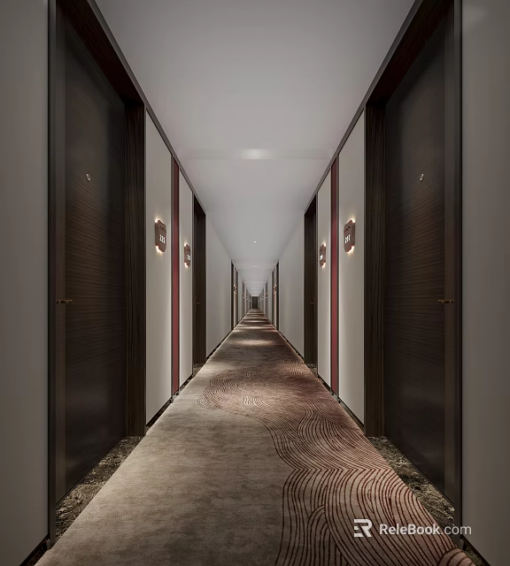 Hotel Corridor With Dark Wooden Doors Long Decorative Carpet Wall Lamps And White Ceiling 3d model 