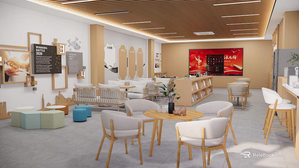 Modern Lounge Area With White Chairs Round Wooden Tables And Bookshelves 3d model 