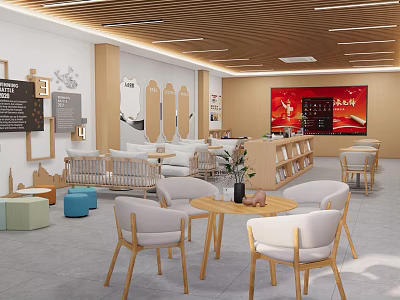 Modern Lounge Area With White Chairs Round Wooden Tables And Bookshelves 3d model