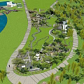 Scenic Park Landscape With Green Lawns Winding Paths Trees And Water View