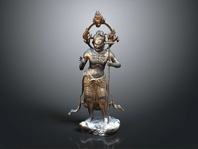Bronze Man Statue With Intricate Headdress Holding Decorative Elements And Ornate Robes On Detailed Pedestal 3d model