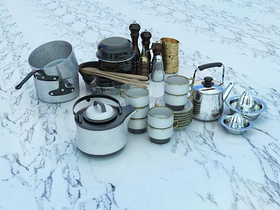 Stainless Steel Dinnerware Set With Assorted Cooking Utensils Teapot And Cups On Marble Countertop 3d model