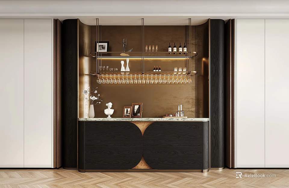 Luxury Modern Home Wine Cabinet With Marble Countertop Glass Shelves And Hanging Wine Glass Racks 3d model 