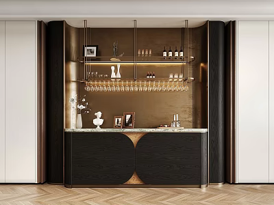 Luxury Modern Home Wine Cabinet With Marble Countertop Glass Shelves And Hanging Wine Glass Racks 3d model