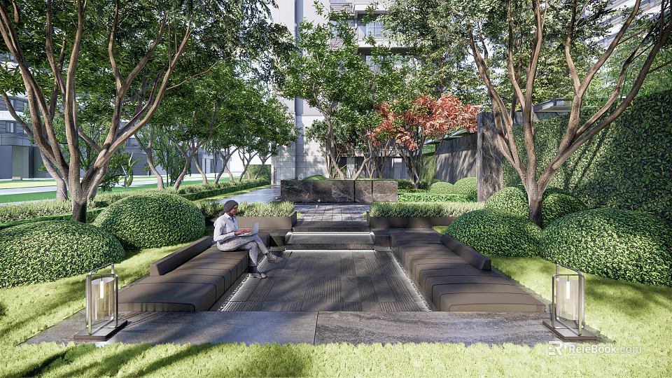 Serene Residential Landscape With Seating Area Lush Trees Greenery Lawn And Stone Pathway 3d model 