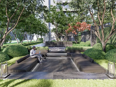 Serene Residential Landscape With Seating Area Lush Trees Greenery Lawn And Stone Pathway 3d model