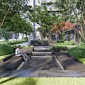 Serene Residential Landscape With Seating Area Lush Trees Greenery Lawn And Stone Pathway