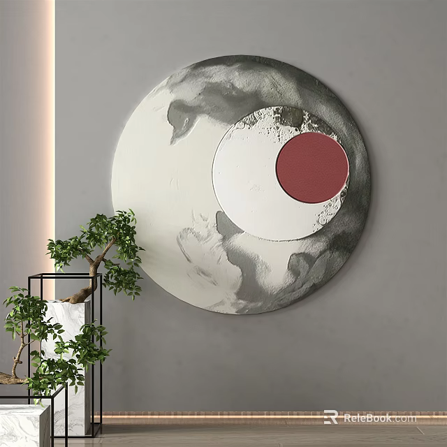 Abstract Circular Wall Decor with Modern Gray White Red Texture and Green Plant 3d model