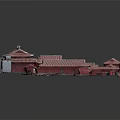 Cartoon Scene of Traditional Chinese Architecture with Red Curved Roofs Courtyard and Wooden Structures