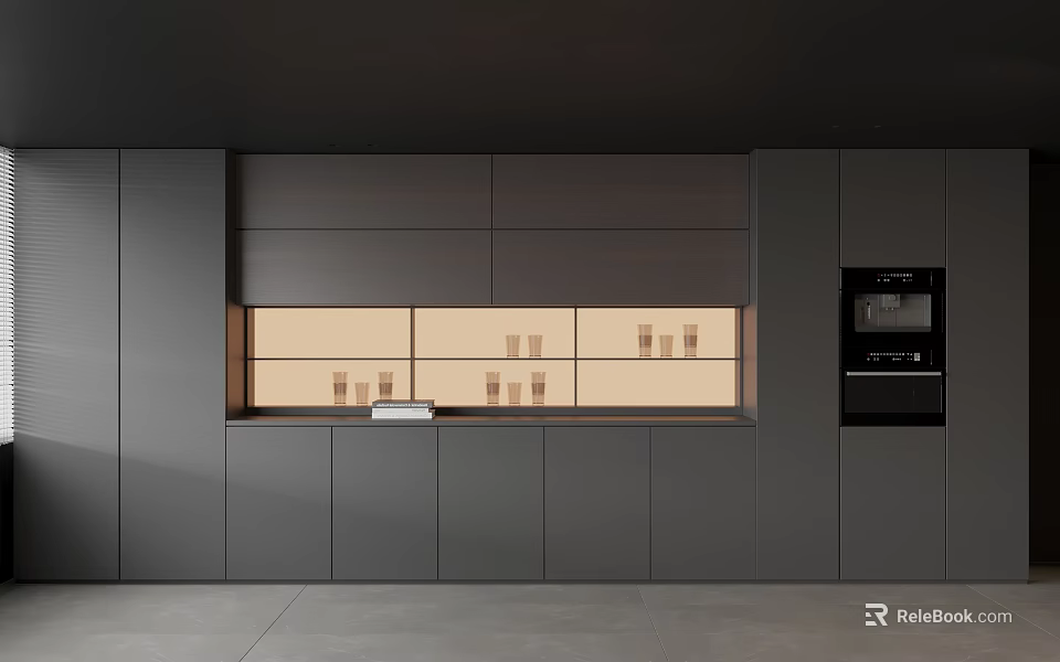 Modern Sideboard Cabinet With Dark Wood Frame Glass Door Storage And Coffee Machine 3d model 