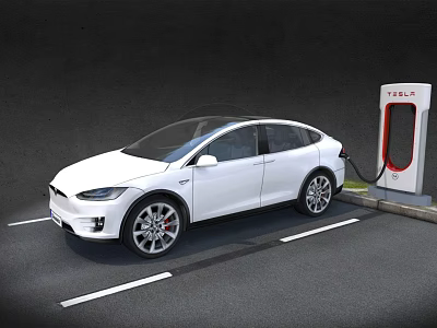 White Tesla Car Charging at Tesla Charging Station in Parking Lot with Connected Cable 3d model
