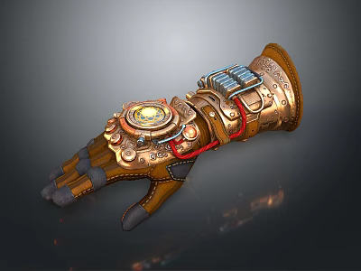 Steampunk Character Wearing Mechanical Glove With Brass Gears Clock And Leather Straps 3d model