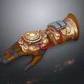 Steampunk Character Wearing Mechanical Glove With Brass Gears Clock And Leather Straps