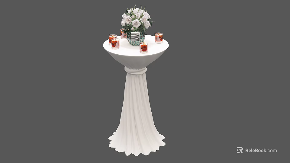 Elegant White Round Bar Counter With Flower Vase And Red Candles Decor 3d model 