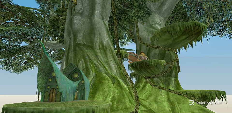 Giant Arbor With Green Mossy Trunk Small Green House Platform And Boat Surrounded By Vines 3d model 