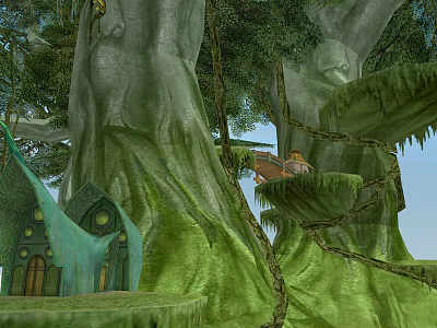 Giant Arbor With Green Mossy Trunk Small Green House Platform And Boat Surrounded By Vines 3d model