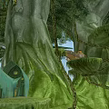 Giant Arbor With Green Mossy Trunk Small Green House Platform And Boat Surrounded By Vines
