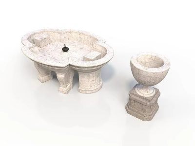 Stone Round Table With Central Hole And Tall Pedestal Planter For Outdoor Decoration 3d model