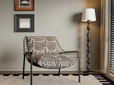 Stylish Accent Chair With Metal Frame Patterned Cushion Floor Lamp Framed Art And Area Rug 3d model
