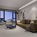 Modern Minimalist Living Dining Room Interior With Beige Sofa Gray Armchair Black Floor Lamp