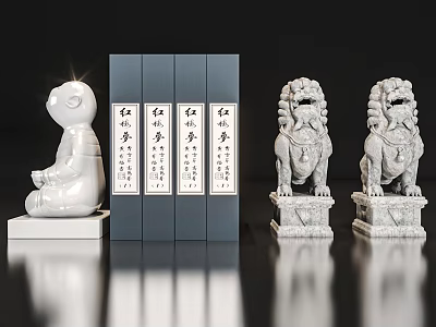 Elegant Ornament Decoration Set With White Figurine Blue Cover Books And Stone Lions 3d model