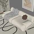 Beige Two Seater Sofa With Knitted Blanket Decorative Pillow On Curved Rug And Abstract Art