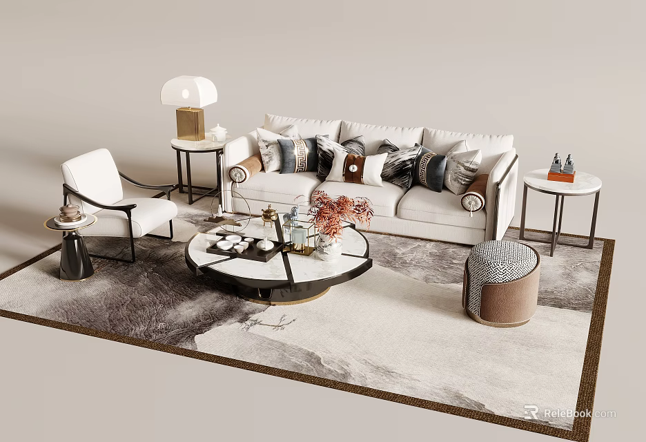 Modern White Sofa and Coffee Table Set With Decorative Pillows Side Table and Area Rug 3d model 
