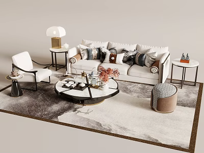 Modern White Sofa and Coffee Table Set With Decorative Pillows Side Table and Area Rug 3d model