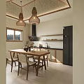 Cozy Modern Kitchen Interior With Woven Pendant Light Dining Table Chairs Natural Light And Cabinets