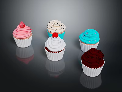 Colorful Cupcakes With Various Frosting Colors And Toppings On Black Surface 3d model