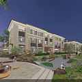 Modern Townhouse Exterior View With Garden Landscaping Stone Steps And Dusk Lighting