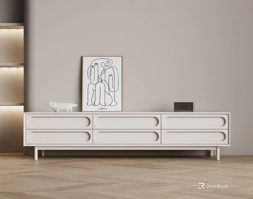 Modern White TV Stand With Decorative Painting Sculpture And Wooden Floor 3d model 