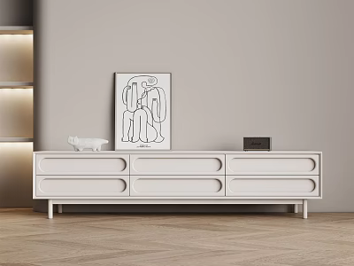 Modern White TV Stand With Decorative Painting Sculpture And Wooden Floor 3d model