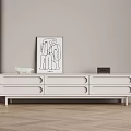 Modern White TV Stand With Decorative Painting Sculpture And Wooden Floor