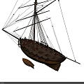Classic Sailing Ship With Tall Masts Wooden Deck And Dinghy At Sea