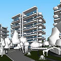Modern Residential Building Architectural Design With Balconies Greenery Trees And Recreational Outdoor Space
