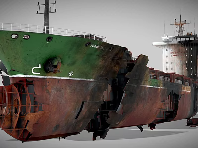 Old Rusted Ship With Green Bow Damaged Hull And Abandoned Structure 3d model