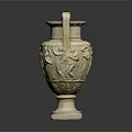 Ancient Style Ceramic Vessel With Carved Figures And Twin Handles On Square Base