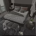 Stylish Double Bed with Headboard Pillows Bedspread Nightstand Lamp and Scenic Window View