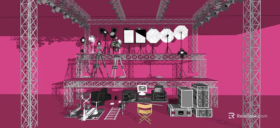 Professional Projection Monitoring System Setup With Equipment Racks Control Console And Cameras 3d model 