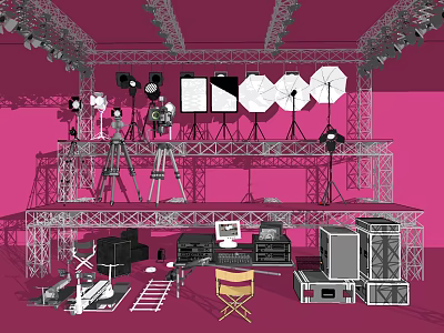 Professional Projection Monitoring System Setup With Equipment Racks Control Console And Cameras 3d model
