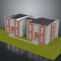 Twin Red Brick Architectural Model Buildings With Gray Walls Black Roof And Green Lawn