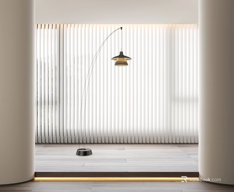 White Vertical Stripe Curtains in Modern Minimalist Interior with Floor Lamp and Wooden Floor 3d model 