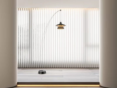 White Vertical Stripe Curtains in Modern Minimalist Interior with Floor Lamp and Wooden Floor 3d model